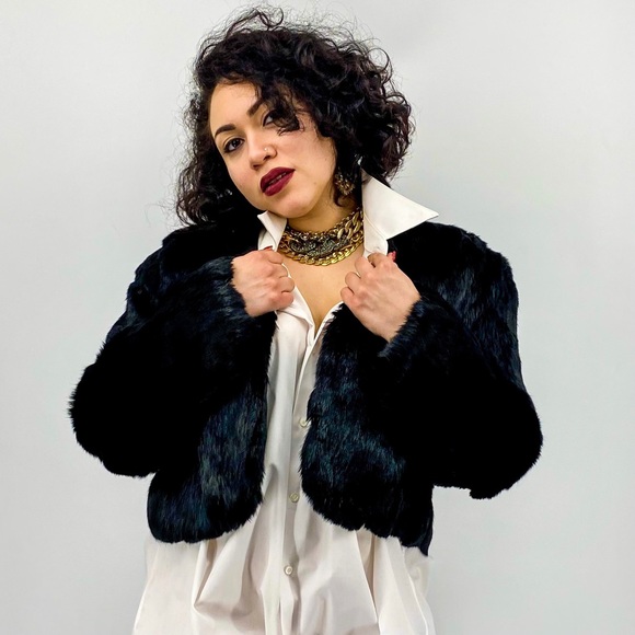 Vintage Cropped Black Rabbit Fur Coat Jacket M/L - Picture 9 of 16